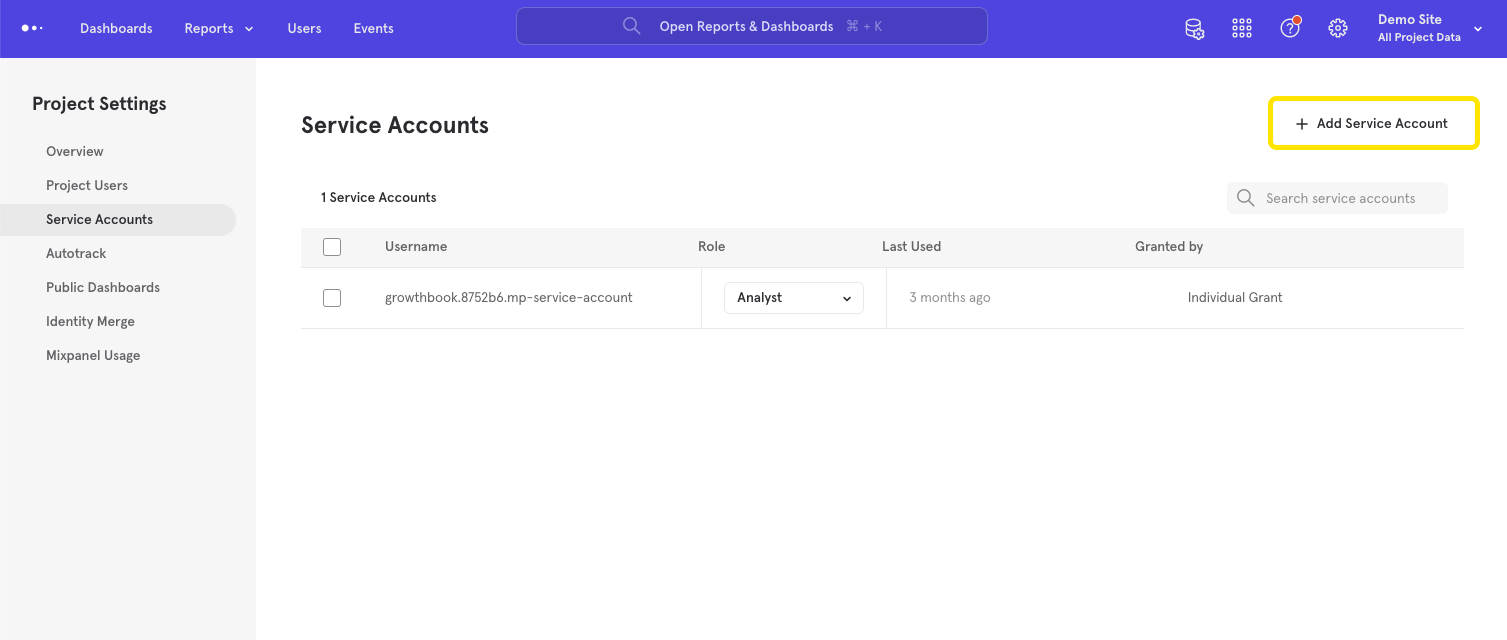 Add Mixpanel service account